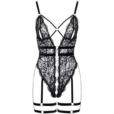COTTELLI Lingerie Body de encaje sin entrepierna para mujer Negro XL COTTELLI Lingerie Body de encaje sin entrepierna para mujer Negro XL