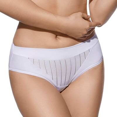 Selene , Braga de Mujer Cintura Alta Ligeramente Contenedora, Braguita Efecto Moldeador con Motivo Floral a Rayas, Colección Mariluz, Color Blanco, Talla 46 Selene , Braga de Mujer Cintura Alta Ligeramente Contenedora, Braguita Efecto Moldeador con Motivo Floral a Rayas, Colección Mariluz, Color Blanco, Talla 46