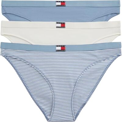Tommy Hilfiger Braguitas Tipo Tanga Pack de 3 Mujer Thong de algodón elástico, Multicolor (Mini Stripe/Ivory/Brisk Blue), M Tommy Hilfiger Braguitas Tipo Tanga Pack de 3 Mujer Thong de algodón elástico, Multicolor (Mini Stripe/Ivory/Brisk Blue), M