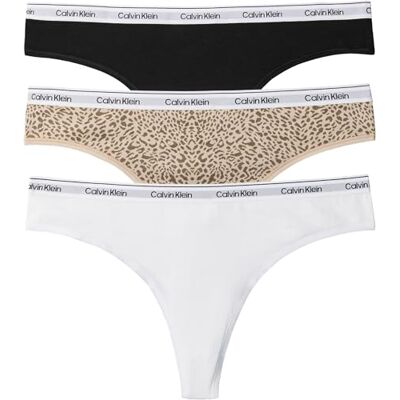 Calvin Tangas Pack de 3 Mujer Brazilian con Logotipo en la Cintura, Multicolor (Black/Classic White/Animal Mirror), L Calvin Tangas Pack de 3 Mujer Brazilian con Logotipo en la Cintura, Multicolor (Black/Classic White/Animal Mirror), L