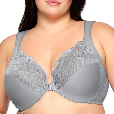 Glamorise Sujetador Wonderwire de algodón con armaduras y Cierre Frontal, Especial Tallas Grandes n.º 1241, Gris Plateado, 105E Glamorise Sujetador Wonderwire de algodón con armaduras y Cierre Frontal, Especial Tallas Grandes n.º 1241, Gris Plateado, 105E
