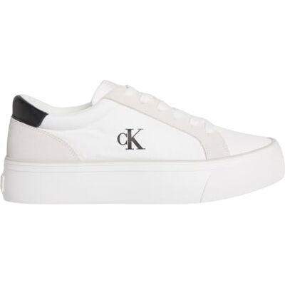 Calvin Sneaker con Suela Vulcanizada Mujer Flatform Nylon Mix con Logotipo, Blanco (Bright White/Black), 40 Calvin Sneaker con Suela Vulcanizada Mujer Flatform Nylon Mix con Logotipo, Blanco (Bright White/Black), 40