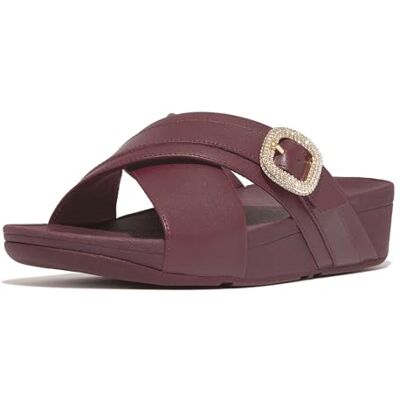 Fitflop Lulu Claquetas cruzadas de piel con hebilla de cristal y sandalia, Vino Malva, 39 EU Fitflop Lulu Claquetas cruzadas de piel con hebilla de cristal y sandalia, Vino Malva, 39 EU