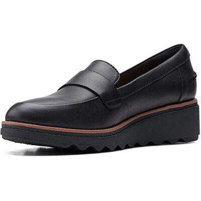 Clarks Sharon Gracie, Mocasín Penny Mujer, Cuero Negro con Borde marrón Oscuro, 41 EU Ancho Clarks Sharon Gracie, Mocasín Penny Mujer, Cuero Negro con Borde marrón Oscuro, 41 EU Ancho
