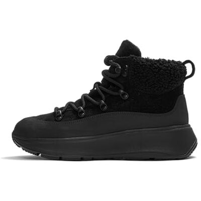 Fitflop F-Mode Botines de ante con cordones y cuello de peluche para mujer, Todo negro., 43 EU Fitflop F-Mode Botines de ante con cordones y cuello de peluche para mujer, Todo negro., 43 EU