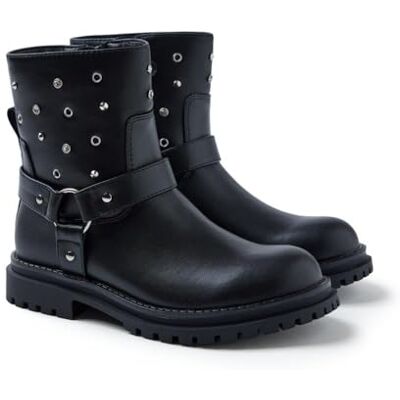 GIOSEPPO , Modelo AKELEY, Bota negra para niña tipo biker con ollados plateados y brillantes. Suela tipo track. Plantilla acolchada GIOSEPPO , Modelo AKELEY, Bota negra para niña tipo biker con ollados plateados y brillantes. Suela tipo track. Plantilla acolchada