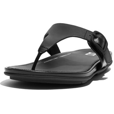 Fitflop Women's Gracie Rubber-Buckle Leather Toe-Post Sandals Flat, Todo negro., 43 EU Fitflop Women's Gracie Rubber-Buckle Leather Toe-Post Sandals Flat, Todo negro., 43 EU