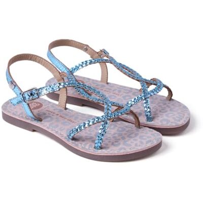 GIOSEPPO CACINCI Sandalias de Piel Metalizada con Trenzado y Grabado de Cocodrilo, Correa en T con Hebilla, Suela Flexible de TPR, Color Azul, Talla 36 GIOSEPPO CACINCI Sandalias de Piel Metalizada con Trenzado y Grabado de Cocodrilo, Correa en T con Hebilla, Suela Flexible de TPR, Color Azul, Talla 36