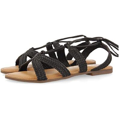 GIOSEPPO Sandalias Planas de Piel Negras Trenzadas con Cordones para Mujer darney GIOSEPPO Sandalias Planas de Piel Negras Trenzadas con Cordones para Mujer darney