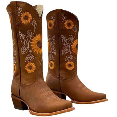 OLACD Botas vaqueras bordadas de tacón grueso a media pantorrilla para mujer, vintage, transpirables, botas occidentales para mujer OLACD Botas vaqueras bordadas de tacón grueso a media pantorrilla para mujer, vintage, transpirables, botas occidentales para mujer