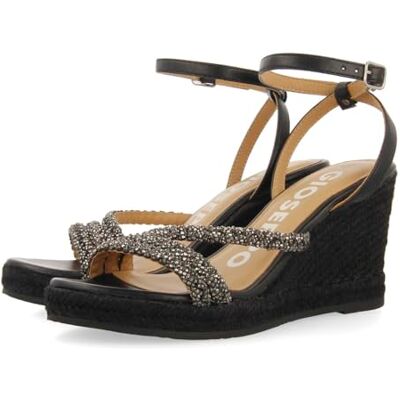 GIOSEPPO Sandalias DE Piel Color Negro con Tiras con PEDRERÍA Y CUÑA Alta DE Yute para Mujer MENFI GIOSEPPO Sandalias DE Piel Color Negro con Tiras con PEDRERÍA Y CUÑA Alta DE Yute para Mujer MENFI