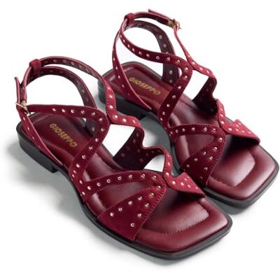 GIOSEPPO URBANK Sandalias de Piel en Acabado Serraje con Detalle de Tachas para Mujer, Cierres Ajustables, Confort y Estilo, Color Burdeos, Talla 37 GIOSEPPO URBANK Sandalias de Piel en Acabado Serraje con Detalle de Tachas para Mujer, Cierres Ajustables, Confort y Estilo, Color Burdeos, Talla 37
