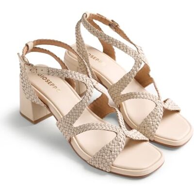 GIOSEPPO MOHORO Sandalias de Piel Trenzada a Mano con Tacón de Bloque y Cierre Ajustable para Mujer, Estilo Elegante y Cómodo, Color Off-White, Talla 38 GIOSEPPO MOHORO Sandalias de Piel Trenzada a Mano con Tacón de Bloque y Cierre Ajustable para Mujer, Estilo Elegante y Cómodo, Color Off-White, Talla 38