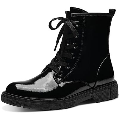 MARCO TOZZI Botines planos de piel sintética con cordones para mujer, Patente negra., 37 EU MARCO TOZZI Botines planos de piel sintética con cordones para mujer, Patente negra., 37 EU