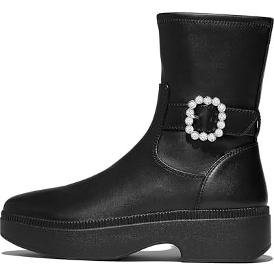 Fitflop F-LUMA Botas cortas de piel con hebilla de cristal para mujer, color negro, talla 5.5, Black, 38.5 EU Fitflop F-LUMA Botas cortas de piel con hebilla de cristal para mujer, color negro, talla 5.5, Black, 38.5 EU