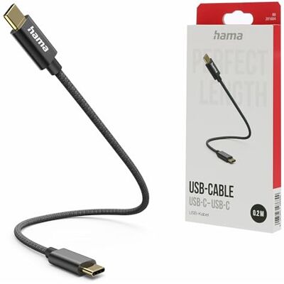 Hama Cable USB-C a USB-C 0,2 m 60 W nylon Cable compacto con conectores de aluminio, carga rápida hasta 60 W y transferencia de datos de 480 Mbit/s, Negro Hama Cable USB-C a USB-C 0,2 m 60 W nylon Cable compacto con conectores de aluminio, carga rápida hasta 60 W y transferencia de datos de 480 Mbit/s, Negro