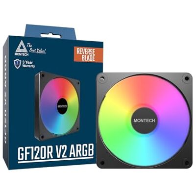 Montech GF120R V2 ARGB Ventilador de caja de 120 mm, diseño elegante y minimalista, alto flujo de aire, rodamiento hidráulico, rendimiento silencioso, iluminación ARGB vibrante, hoja inversa, negro Montech GF120R V2 ARGB Ventilador de caja de 120 mm, diseño elegante y minimalista, alto flujo de aire, rodamiento hidráulico, rendimiento silencioso, iluminación ARGB vibrante, hoja inversa, negro