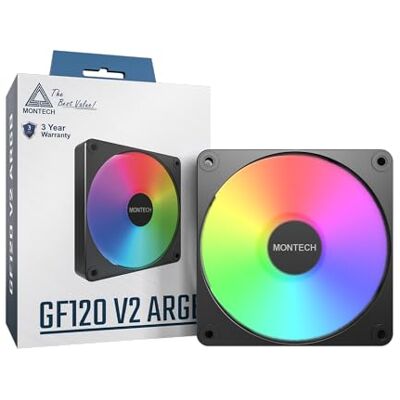 Montech Ventilador GF120 V2 ARGB de 120 mm, diseño elegante y minimalista, alto flujo de aire, rodamiento hidráulico, rendimiento silencioso, iluminación ARGB vibrante, color negro Montech Ventilador GF120 V2 ARGB de 120 mm, diseño elegante y minimalista, alto flujo de aire, rodamiento hidráulico, rendimiento silencioso, iluminación ARGB vibrante, color negro