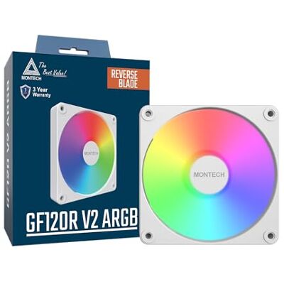 Montech GF120R V2 ARGB Ventilador de caja de 120 mm, diseño elegante y minimalista, alto flujo de aire, rodamiento hidráulico, rendimiento silencioso, iluminación ARGB vibrante, hoja inversa, blanco Montech GF120R V2 ARGB Ventilador de caja de 120 mm, diseño elegante y minimalista, alto flujo de aire, rodamiento hidráulico, rendimiento silencioso, iluminación ARGB vibrante, hoja inversa, blanco