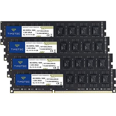 Timetec 32GB Kit(4x8GB) DDR3L / DDR3 1600 MHz (DDR3L-1600) PC3L-12800 / PC3-12800 sin ECC sin búfer 1.35V/1.5V CL11 2Rx8 Dual Rank 240 Pin UDIMM Memoria RAM para computadora Timetec 32GB Kit(4x8GB) DDR3L / DDR3 1600 MHz (DDR3L-1600) PC3L-12800 / PC3-12800 sin ECC sin búfer 1.35V/1.5V CL11 2Rx8 Dual Rank 240 Pin UDIMM Memoria RAM para computadora