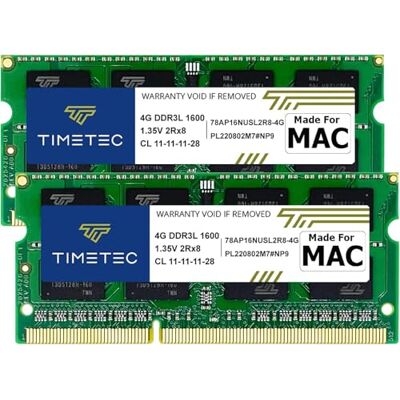 Timetec 8GB Kit(2x4GB) Compatible con Apple DDR3L 1600MHz para Mac Book Pro(Early/Late 2011,Mid 2012), iMac(Mid 2011,Late 2012,Early/Late 2013,Late 2014,Mid 2015), Mac Mini(Mid 2011,Late 2012) RAM Timetec 8GB Kit(2x4GB) Compatible con Apple DDR3L 1600MHz para Mac Book Pro(Early/Late 2011,Mid 2012), iMac(Mid 2011,Late 2012,Early/Late 2013,Late 2014,Mid 2015), Mac Mini(Mid 2011,Late 2012) RAM