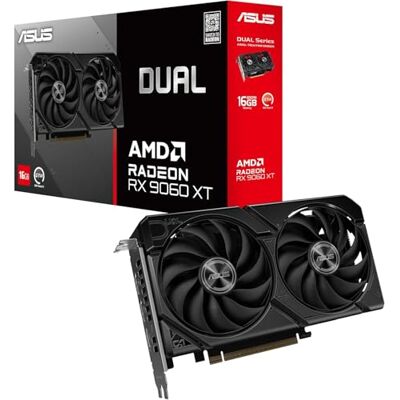 Asus Dual Radeon RX 9060 XT Tarjeta gráfica (PCIe 5.0, 16 GB GDDR6, HDMI 2.1b, DisplayPort 2.1a, 2,5 Ranuras, diseño de Ventilador Axial-Tech, tecnología 0dB) Asus Dual Radeon RX 9060 XT Tarjeta gráfica (PCIe 5.0, 16 GB GDDR6, HDMI 2.1b, DisplayPort 2.1a, 2,5 Ranuras, diseño de Ventilador Axial-Tech, tecnología 0dB)