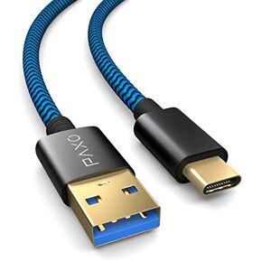 PAXO Cable de carga de nylon de 3 m para el mando de Playstation 5, cable USB C, USB 3.1 (USB 3.0), cable de carga, cubierta de tela, enchufe de aluminio, azul-negro