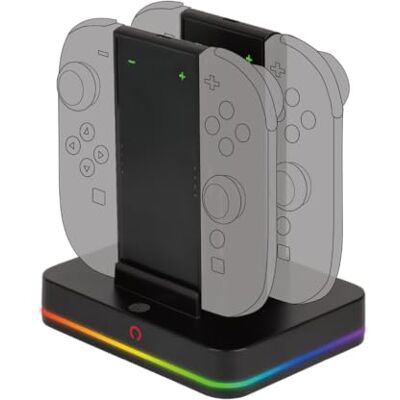 Konix Estación de Carga para 2 Pares de mandos Joy-con Nintendo Switch 2 Indicador LED de Carga 10 Modos de iluminación RGB Negro Konix Estación de Carga para 2 Pares de mandos Joy-con Nintendo Switch 2 Indicador LED de Carga 10 Modos de iluminación RGB Negro