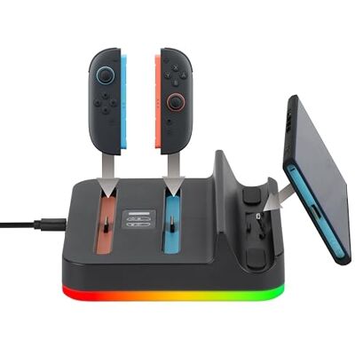 Konix Estación de carga dock para consola + 2 mandos Nintendo Switch 2 Iluminación LED RGB personalizable Compatible con PlayStation Portal Negro Konix Estación de carga dock para consola + 2 mandos Nintendo Switch 2 Iluminación LED RGB personalizable Compatible con PlayStation Portal Negro