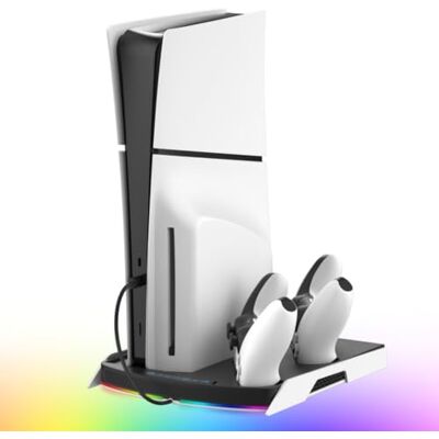 NITHO Soporte PS5 con Ventilador de Enfriamiento & Dual Cargador para Mando PS5/EDGE, Base Vertical Multifunción Compatible con PS5/Pro/Slim, con Hub USB y Luces RGB Accesorios para PS5 NITHO Soporte PS5 con Ventilador de Enfriamiento & Dual Cargador para Mando PS5/EDGE, Base Vertical Multifunción Compatible con PS5/Pro/Slim, con Hub USB y Luces RGB Accesorios para PS5