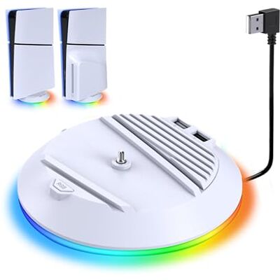 AKUMA Cyber A03 Support Vertical pour PlayStation 5 Slim Disc et PlayStation 5 Slim Digital Avec lumière RVB et 2 Ports USB pour Charger Les manettes Blanc AKUMA Cyber A03 Support Vertical pour PlayStation 5 Slim Disc et PlayStation 5 Slim Digital Avec lumière RVB et 2 Ports USB pour Charger Les manettes Blanc