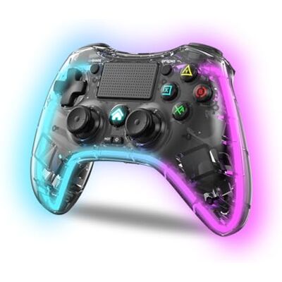 NK Mando para PS4 / PC/Android Wireless Controller con Vibración, 6 ejes, 2 botones MACRO, 7 Modos de Luz LED, Panel Táctil, Entrada para Auriculares, Cable de Carga incluido Negro Transparente NK Mando para PS4 / PC/Android Wireless Controller con Vibración, 6 ejes, 2 botones MACRO, 7 Modos de Luz LED, Panel Táctil, Entrada para Auriculares, Cable de Carga incluido Negro Transparente