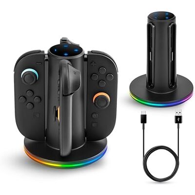 NITHO Base de Carga Compatible con Mandos Switch 2, Estación de Carga 4 en 1 con LED RGB, Cargador para 4 Mandos con Cable USB-C, Accesorio Gaming para Switch 2 NITHO Base de Carga Compatible con Mandos Switch 2, Estación de Carga 4 en 1 con LED RGB, Cargador para 4 Mandos con Cable USB-C, Accesorio Gaming para Switch 2