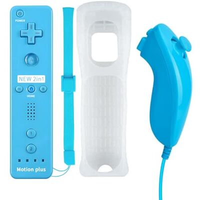 QUMOX Mando para Wii, Mando Nunchuck, controlador remoto, consola de repuesto, built in Motion Plus, con funda protectora de silicona para Wii y Wii U, color azul QUMOX Mando para Wii, Mando Nunchuck, controlador remoto, consola de repuesto, built in Motion Plus, con funda protectora de silicona para Wii y Wii U, color azul