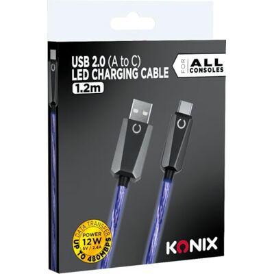 Konix Cable USB 2.0 Tipo A a Tipo C PS5, Switch 2 y Xbox Series X S Carga rápida hasta 12 vatios Longitud 1,2 m Iluminación LED azul Konix Cable USB 2.0 Tipo A a Tipo C PS5, Switch 2 y Xbox Series X S Carga rápida hasta 12 vatios Longitud 1,2 m Iluminación LED azul