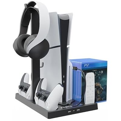 Genérico Base de refrigeración multifuncional para PS5/PS5 Slim, estación de refrigeración vertical con soporte para auriculares de almacenamiento de disco cargador de controlador (Negro) Genérico Base de refrigeración multifuncional para PS5/PS5 Slim, estación de refrigeración vertical con soporte para auriculares de almacenamiento de disco cargador de controlador (Negro)