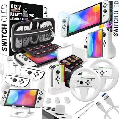 Orzly Paquete Accesorios Compatible Nintendo Switch OLED Geek Pack: Estuche, Protector Pantalla, empuñaduras Joycon, Ruedas de Carreras, Base Carga del Controlador, Estuche de Agarre cómodo Blanco Orzly Paquete Accesorios Compatible Nintendo Switch OLED Geek Pack: Estuche, Protector Pantalla, empuñaduras Joycon, Ruedas de Carreras, Base Carga del Controlador, Estuche de Agarre cómodo Blanco