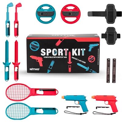 NITHO Set de Accesorios Deportivos Compatible con Switch 2 Mando, Accesorios Motion Control con Volantes, Raquetas de Tenis, Espadas y Pistolas, Compatible con Switch 2 / Switch & OLED NITHO Set de Accesorios Deportivos Compatible con Switch 2 Mando, Accesorios Motion Control con Volantes, Raquetas de Tenis, Espadas y Pistolas, Compatible con Switch 2 / Switch & OLED