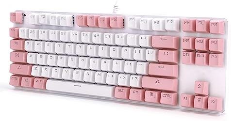 Lazmin112 Teclado Mecánico, 87 Teclas, Luz Mixta, Suministros Informáticos, Diseño de Retroiluminación Arcoíris Ajustable, Teclado con Cable, Diseño Ergonómico y Cómodo Teclado (Blanco Rosa)