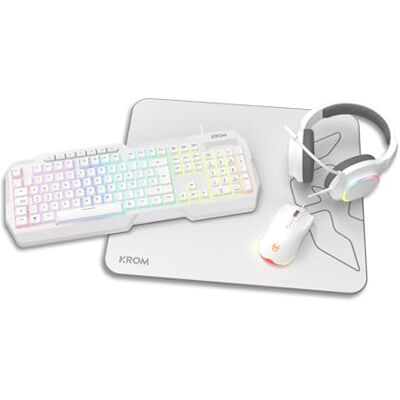KROM KENTA Combo Gaming 4 en 1 Teclado RGB Rainbow, Layout Español, Antighosting, Ratón óptico 7200 dpi, Auriculares 50mm Estéreo y Alfombrilla 450x400x3mm, Color Blanco KROM KENTA Combo Gaming 4 en 1 Teclado RGB Rainbow, Layout Español, Antighosting, Ratón óptico 7200 dpi, Auriculares 50mm Estéreo y Alfombrilla 450x400x3mm, Color Blanco