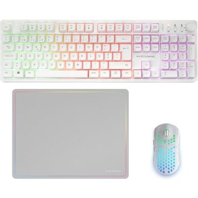 Mars Gaming MCPWX, Portugués, Combo Gaming Inalámbrico, Tecnología DualPro Link 2.4GPRO, Teclado Completo FRGB con Control Multimedia + Ratón RGB 3200DPI + Alfombrilla Antideslizante 360x260mm, Blanco Mars Gaming MCPWX, Portugués, Combo Gaming Inalámbrico, Tecnología DualPro Link 2.4GPRO, Teclado Completo FRGB con Control Multimedia + Ratón RGB 3200DPI + Alfombrilla Antideslizante 360x260mm, Blanco