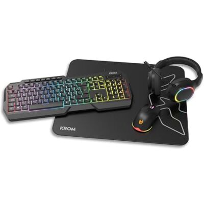 KROM KENTA Combo Gaming 4 en 1 Teclado RGB Rainbow, Layout Español, Antighosting, Ratón óptico 7200 dpi, Auriculares 50mm Estéreo y Alfombrilla 450x400x3mm, Color Negro KROM KENTA Combo Gaming 4 en 1 Teclado RGB Rainbow, Layout Español, Antighosting, Ratón óptico 7200 dpi, Auriculares 50mm Estéreo y Alfombrilla 450x400x3mm, Color Negro