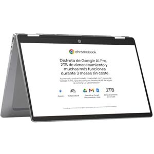 HP Chromebook x360 Ordenador portátil de Google 14" FHD (Intel N100, 4GB RAM, 128GB eMMC, ChromeOS) + Suscripción Google AI Pro con Gemini Pro y 2TB de almacenamiento durante 3 meses -QWERTY Español HP Chromebook x360 Ordenador portátil de Google 14" FHD (Intel N100, 4GB RAM, 128GB eMMC, ChromeOS) + Suscripción Google AI Pro con Gemini Pro y 2TB de almacenamiento durante 3 meses -QWERTY Español