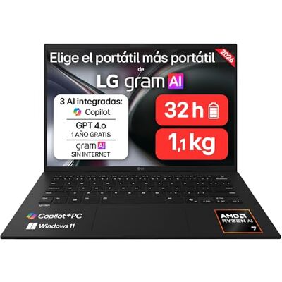 LG gram 14Z95U-G.AU85BN Ordenador Portátil, 3 GB RAM, 1 TB SSD, 14" Ultraligero, Ryzen AI 7 450, AMD Radeon Graphics, IPS Antirreflejo, 1120g, 32 h, Windows 11, Teclado ES, Negro carbón LG gram 14Z95U-G.AU85BN Ordenador Portátil, 3 GB RAM, 1 TB SSD, 14" Ultraligero, Ryzen AI 7 450, AMD Radeon Graphics, IPS Antirreflejo, 1120g, 32 h, Windows 11, Teclado ES, Negro carbón