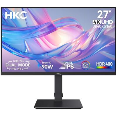 HKC 27 Pulgadas 4K UHD Monitor, Panel IPS, 3840 × 2160, USB-C 90W, 95% DCI-P3, HDR400, Modo Dual 4K 75Hz/FHD 144Hz, 2×HDMI 2.0/DP 1.4, 2×USB-A/USB-B, Soporte Ajustable, Monitor Oficina Home Office HKC 27 Pulgadas 4K UHD Monitor, Panel IPS, 3840 × 2160, USB-C 90W, 95% DCI-P3, HDR400, Modo Dual 4K 75Hz/FHD 144Hz, 2×HDMI 2.0/DP 1.4, 2×USB-A/USB-B, Soporte Ajustable, Monitor Oficina Home Office
