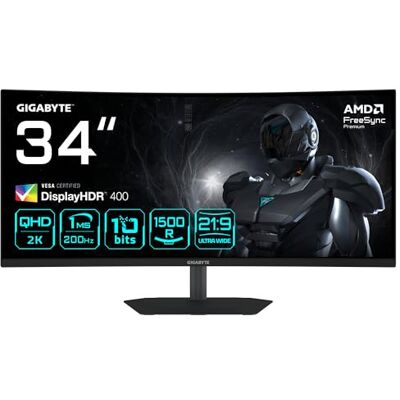 GIGABYTE G34WQC2 Monitor Gaming Curvo 34” WQHD 3440 x 1440, 1500R, 200Hz, 1ms, 450 CD/m², AMD FreeSync Premium, DisplayHDR 400, HDMI 2.0, Displayport 1.4 GIGABYTE G34WQC2 Monitor Gaming Curvo 34” WQHD 3440 x 1440, 1500R, 200Hz, 1ms, 450 CD/m², AMD FreeSync Premium, DisplayHDR 400, HDMI 2.0, Displayport 1.4