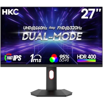 HKC 27 Pulgadas Monitor Gaming, Modo Dual UHD 160Hz / FHD 320Hz, Panel Fast IPS, 1ms DIC, HDR400, 95% DCI-P3, FreeSync, 2×HDMI 2.1, DP 1.4, Pie Regulable en Altura con Pivote HKC 27 Pulgadas Monitor Gaming, Modo Dual UHD 160Hz / FHD 320Hz, Panel Fast IPS, 1ms DIC, HDR400, 95% DCI-P3, FreeSync, 2×HDMI 2.1, DP 1.4, Pie Regulable en Altura con Pivote