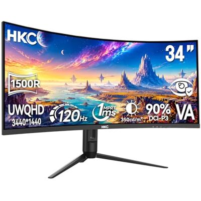 HKC Monitor Gaming Curvo 34 Pulgadas UWQHD (3440 x 1440), 120 Hz, Panel VA 1500R, 1 ms MPRT, HDR400, 90% sRGB, Modo PBP, HDMI 2.0 y DP 1.4, Monitor UltraAncho 21:9 para Juegos y Productividad HKC Monitor Gaming Curvo 34 Pulgadas UWQHD (3440 x 1440), 120 Hz, Panel VA 1500R, 1 ms MPRT, HDR400, 90% sRGB, Modo PBP, HDMI 2.0 y DP 1.4, Monitor UltraAncho 21:9 para Juegos y Productividad