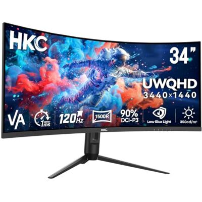 HKC Curvo Monitor Gaming 34 Pulgadas UWQHD(3440x1440) VA 120Hz, 1ms MPRT Relación 21:9, 1500R, 90% DCI-P3, HDR400, Low Blue Light, Adaptive Sync, HDMI 2.0 DP 1.4, Ajustable en Altura, VESA 75×75 HKC Curvo Monitor Gaming 34 Pulgadas UWQHD(3440x1440) VA 120Hz, 1ms MPRT Relación 21:9, 1500R, 90% DCI-P3, HDR400, Low Blue Light, Adaptive Sync, HDMI 2.0 DP 1.4, Ajustable en Altura, VESA 75×75