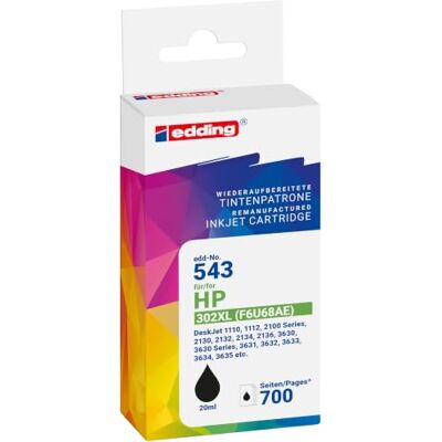 Edding Cartucho de Tinta EDD-543 Cartucho Individual Negro 21 ml Alcance 590 páginas Sustituye a HP 302XL (F6U68AE) Edding Cartucho de Tinta EDD-543 Cartucho Individual Negro 21 ml Alcance 590 páginas Sustituye a HP 302XL (F6U68AE)